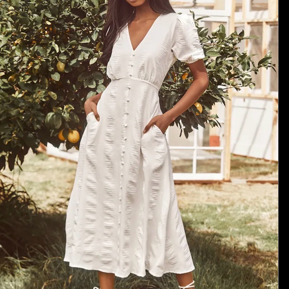 Lulus Wonderful Whims White Puff Sleeve Button Front Midi Dress